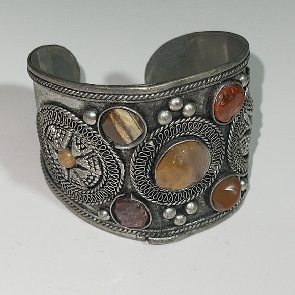 Hand Crafted Jewelry - Stunning Moroccan Silver Tone Hammered Cuff, Vintage Genuine Gemstones Bracelet